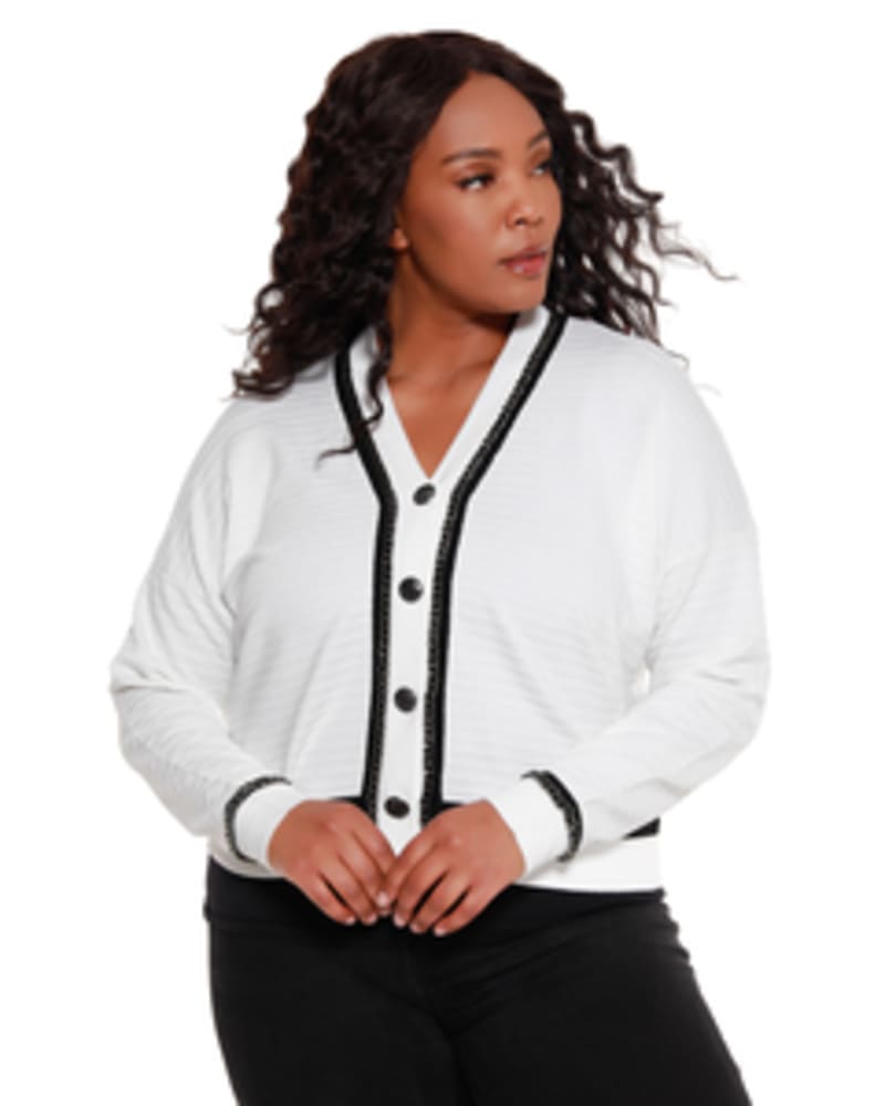 Front of a model wearing a size 1X Emerson Button Down Cardigan in White / Black by Belldini Black Label. | dia_product_style_image_id:245917